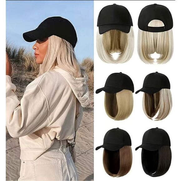 Hat Wigs 12 Inch Synthetic Short Bob Straight Hair Beige White - Picture 2 of 3